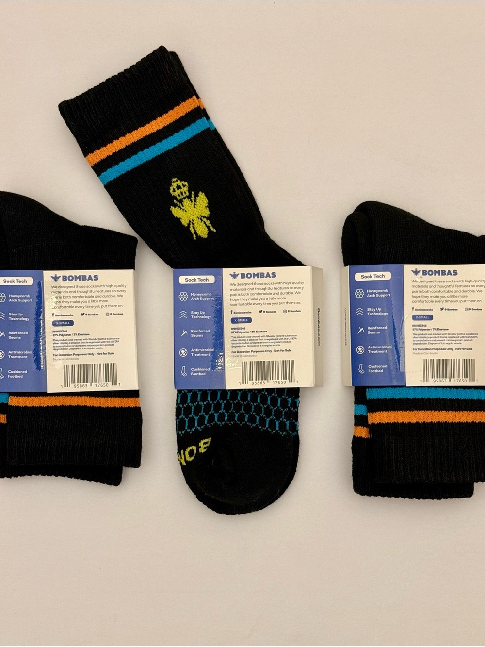 Bombas Black Crew Socks with Blue and Orange Stripes - 3 Pack - Picture 2 of 2